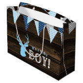 Rustikales Wood Blue Ier Boy Baby Dusche Große Geschenktüte (Rückseite Schrägansicht)