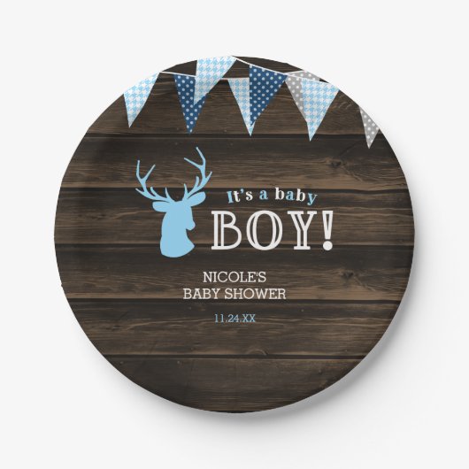 Rustikales Wood Blue Ier Boy Baby Dusche Pappteller (Vorderseite)