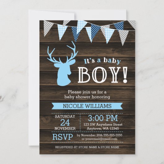 Rustikales Wood Blue Ier Boy Baby Shower Einladung (Vorderseite)