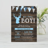 Rustikales Wood Blue Ier Boy Baby Shower Einladung (Stehend Vorderseite)