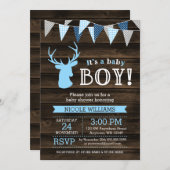 Rustikales Wood Blue Ier Boy Baby Shower Einladung (Vorne/Hinten)