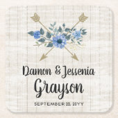 Rustikales Wood Boho Arrows & Blue Floral Wedding Rechteckiger Pappuntersetzer (Vorderseite)