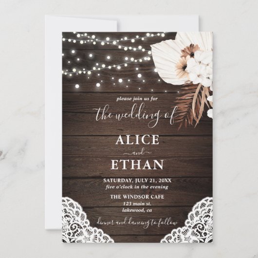 Rustikales Wood Boho Dried Floral Wedding Einladung (Vorderseite)