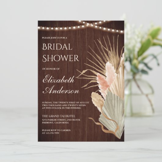 Rustikales Wood Boho getrocknetes Palm Pampas Brau Einladung (Stehend Vorderseite)