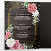Rustikales Wood Boho Pink Roses Floral QR Code Hoc Dreifach Gefaltete Einladung (Innen Erste Seite)