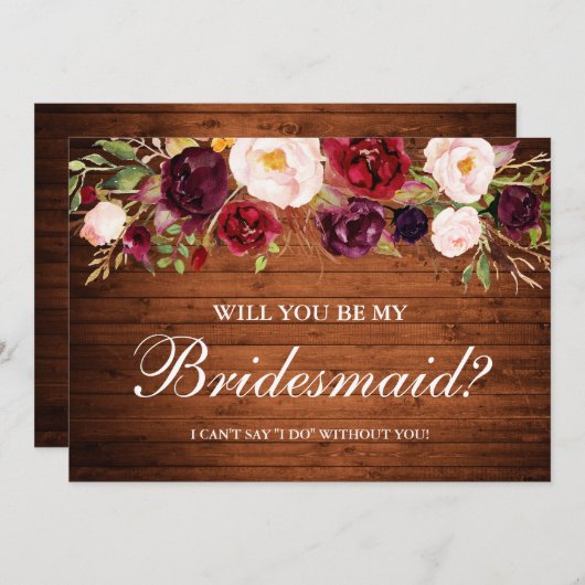 Rustikales Wood Burgundy Blumenmädchen Einladung (Vorne/Hinten)