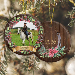 Rustikales Wood Custom Horse Foto Weihnachten Keramik Ornament