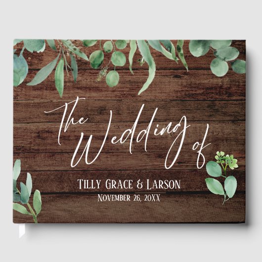 Rustikales Wood Eukalyptus Handwriting Gästebuch (Vorderseite)