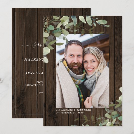 Rustikales Wood Eukalyptus Wedding Foto Save the D Date (Vorne/Hinten)