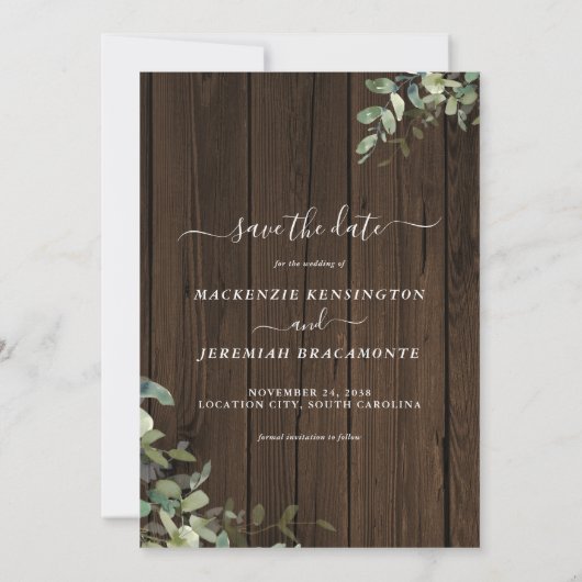 Rustikales Wood Eukalyptus Wedding Foto Save the D Save The Date (Rückseite)