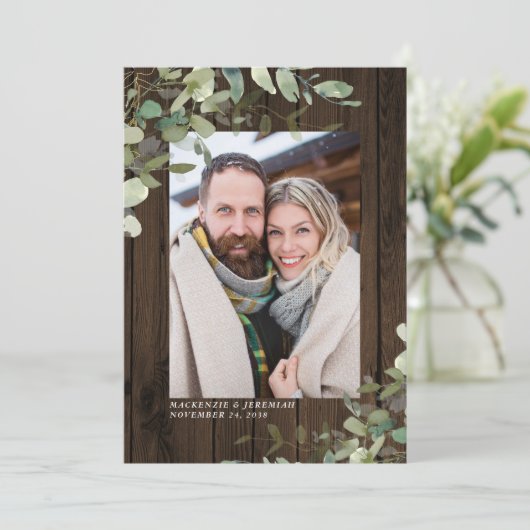 Rustikales Wood Eukalyptus Wedding Foto Save the D Save The Date (Stehend Vorderseite)