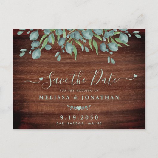 Rustikales Wood Eukalyptus Wedding rettet das Datu Ankündigungspostkarte (Vorderseite)