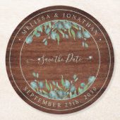 Rustikales Wood Eukalyptus Wedding rettet das Datu Runder Pappuntersetzer (Vorderseite)