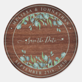 Rustikales Wood Eukalyptus Wedding speichern Datum Runder Aufkleber