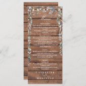 Rustikales Wood Floral Kaskade Monogram Weddner Menükarte (Vorne/Hinten)