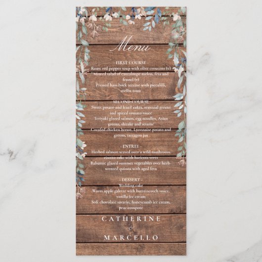 Rustikales Wood Floral Kaskade Monogram Weddner Menükarte (Vorderseite)