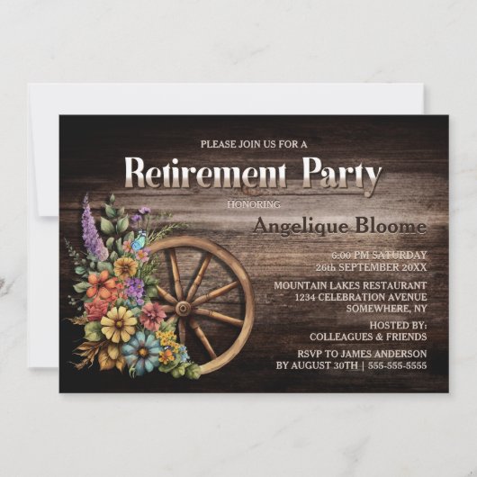 Rustikales Wood Floral Wagon Wheel Retirement Part Einladung (Vorderseite)