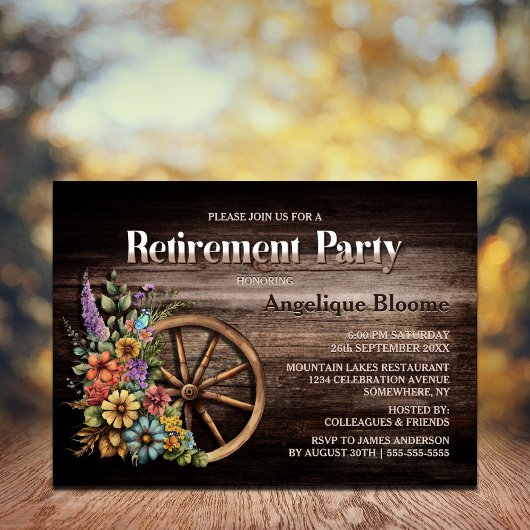 Rustikales Wood Floral Wagon Wheel Retirement Part Einladung