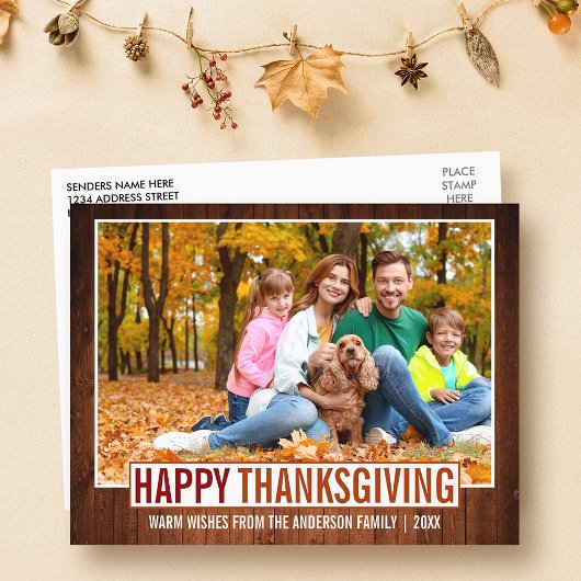 Rustikales Wood Happy Thanksgiving Family Foto Postkarte