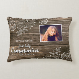 Rustikales Wood Lace First Heilige Kommunion Foto Dekokissen