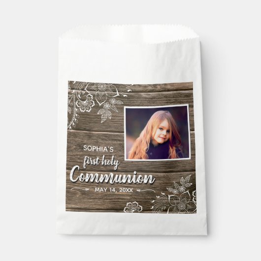 Rustikales Wood Lace First Heilige Kommunion Foto Geschenktütchen (Vorderseite)