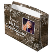 Rustikales Wood Lace First Heilige Kommunion Foto Große Geschenktüte (Rückseite Schrägansicht)