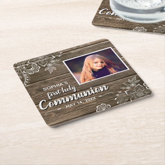 Rustikales Wood Lace First Heilige Kommunion Foto Rechteckiger Pappuntersetzer (angewinkelt)
