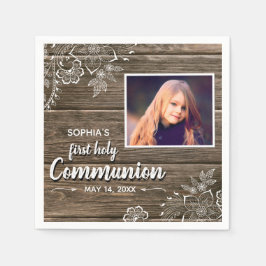 Rustikales Wood Lace First Heilige Kommunion Foto Serviette