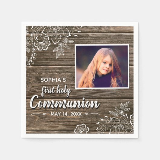 Rustikales Wood Lace First Heilige Kommunion Foto Serviette (Vorderseite)