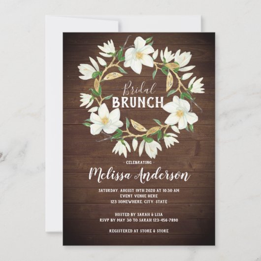 Rustikales Wood Magnolia Bridal Brunch Dusche Einladung (Vorderseite)