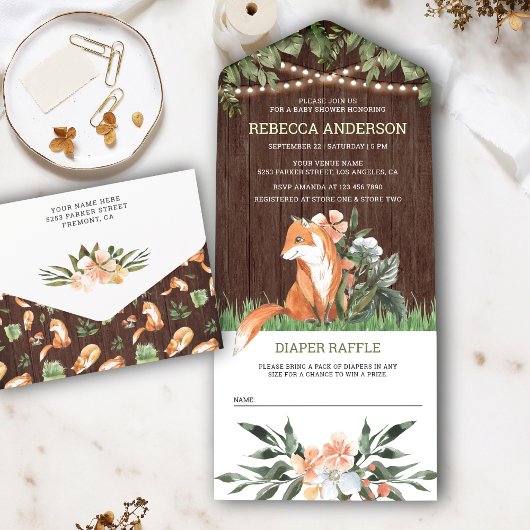 Rustikales Wood Niedlich Fox Woodland Babydusche All In One Einladung