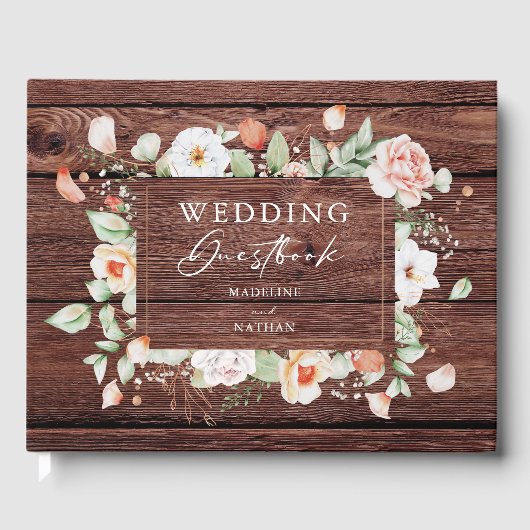 Rustikales Wood & Peach Floral Wedbook Gästebuch (Vorderseite)