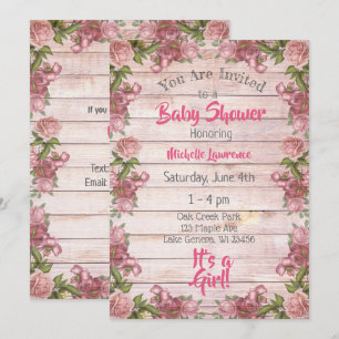 Rustikales Wood Pink Roses Kinderdusche Einladung