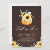 Rustikales Wood Pumpkin und Sonnenblumen Brautpart Einladung (Vorderseite)