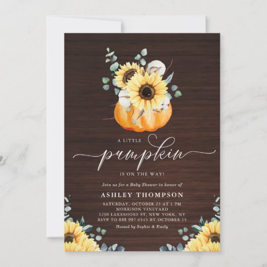Rustikales Wood Pumpkin und Sonnenblumenbeutel Bab Einladung (Vorderseite)