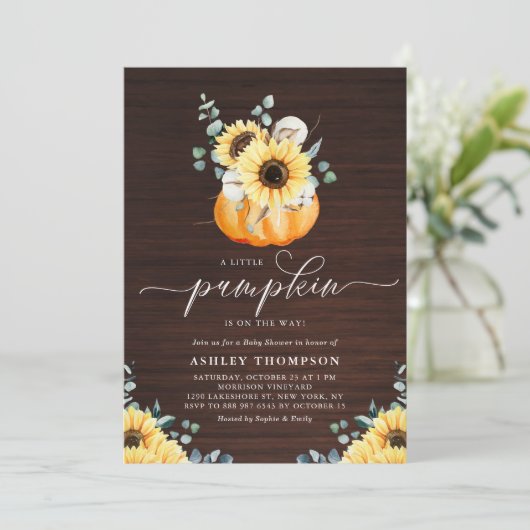 Rustikales Wood Pumpkin und Sonnenblumenbeutel Bab Einladung (Stehend Vorderseite)