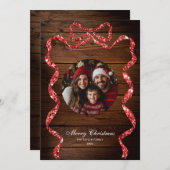 Rustikales Wood Red Ribbon Foto Frohe Weihnachten Einladung (Vorne/Hinten)