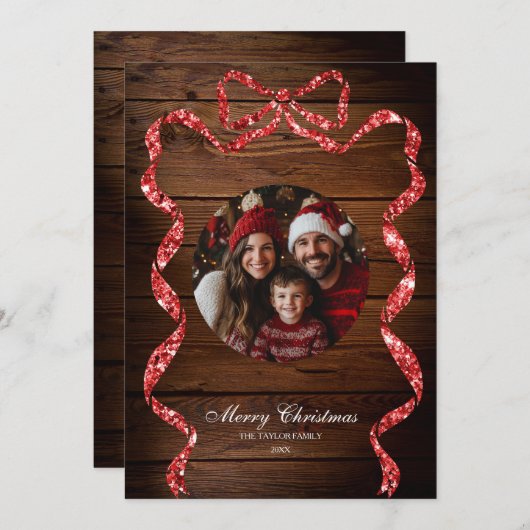 Rustikales Wood Red Ribbon Foto Frohe Weihnachten Einladung (Vorne/Hinten)