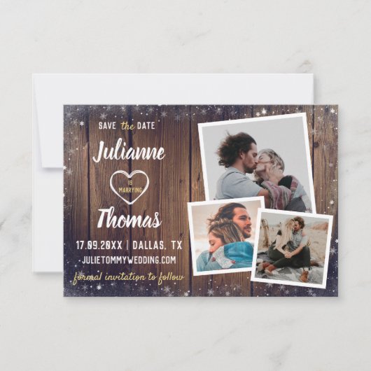 Rustikales Wood Snowflake Holiday Wedding Foto Save The Date (Vorderseite)