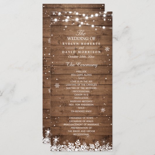 Rustikales Wood Snowflakes Winterhochzeitsprogramm Programm (Vorne/Hinten)