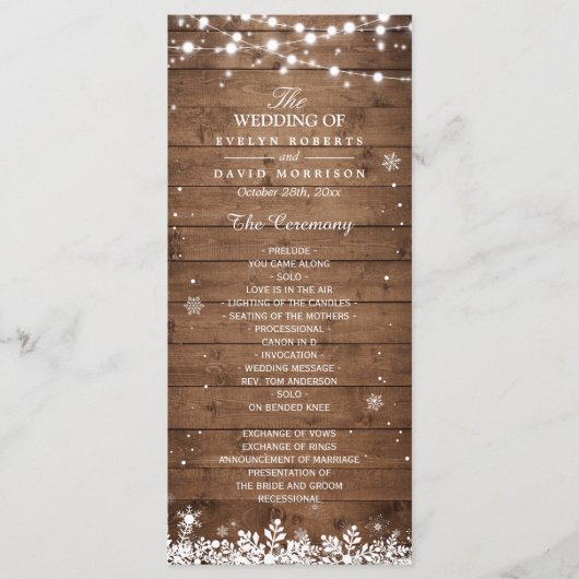 Rustikales Wood Snowflakes Winterhochzeitsprogramm Programm (Vorderseite)