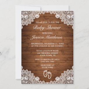 Rustikales Wood & White Lace Baby Dusche Einladung