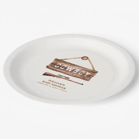 Rustikales Wooden Wild West Cowboy Gun Babydusche Pappteller (Schrägansicht)