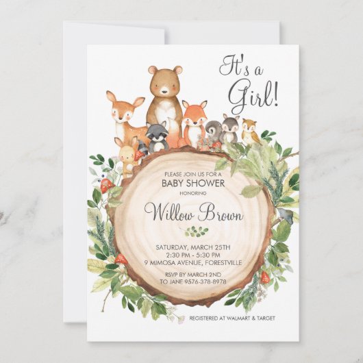 Rustikales Woodland Animals Baby Shower Girl Einladung (Vorderseite)