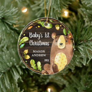 Rustikales Woodland Bear Baby's First Christmas Keramik Ornament