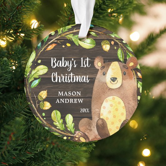 Rustikales Woodland Bear Baby's First Christmas Ornament