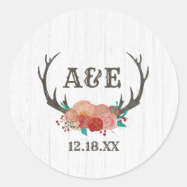 Rustikales Woodland Deer Antler Boho Monogram Wedd Runder Aufkleber