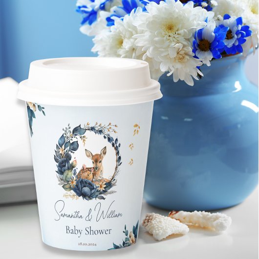 Rustikales Woodland Deer Baby Dusche Blauer Blume Pappbecher