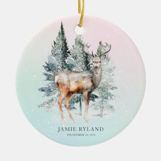 Rustikales Woodland Deer Baby Foto Keepake Keramik Ornament (Vorne)