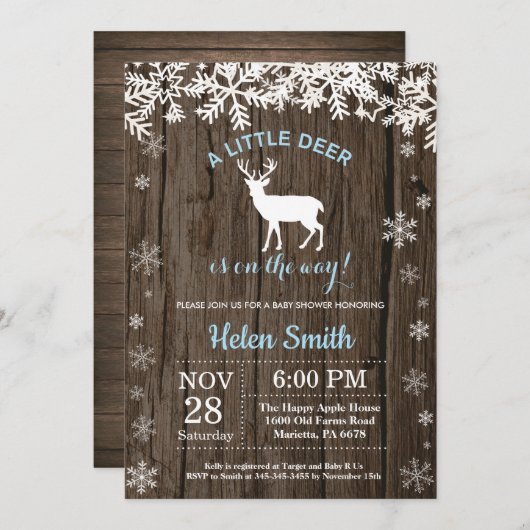 Rustikales Woodland Deer Winter Boy Baby Dusche Einladung (Vorne/Hinten)